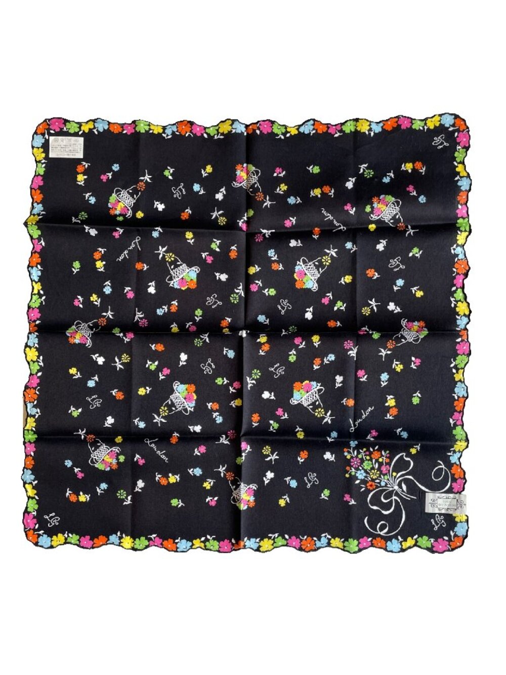 Lulu Guinness NWT Floral Handkerchief Scarf – Black Retro Print – 19”